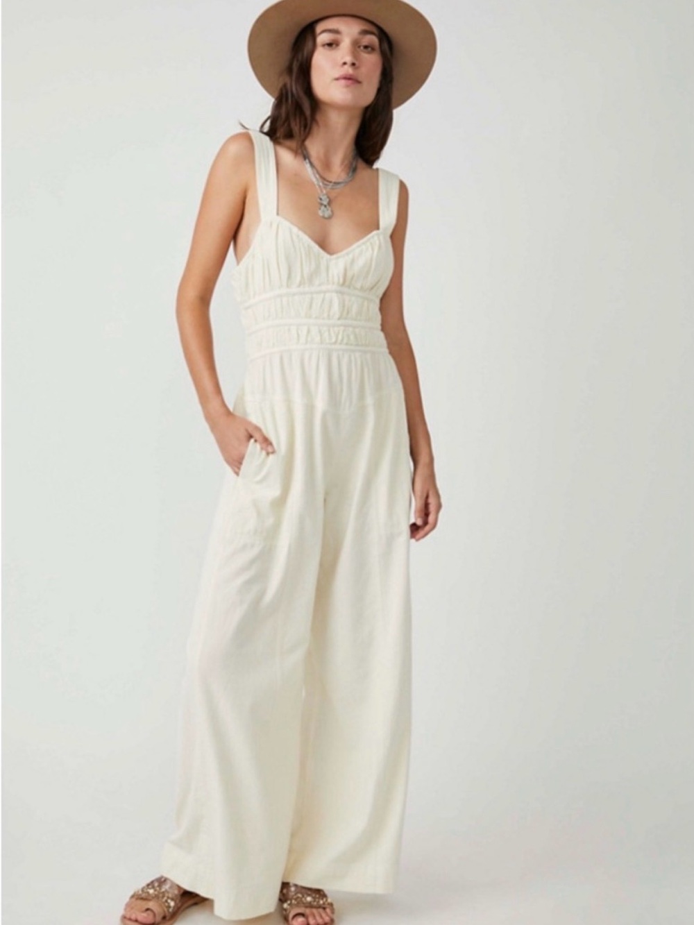 Free People Cream Wide-Leg Smocked Bodice Jumpsuit